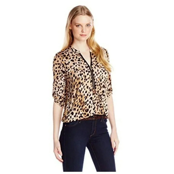 Calvin Klein Top Size Medium Multicolor Animal-Print Zipper-Neck Long Sleeve - Picture 1 of 11